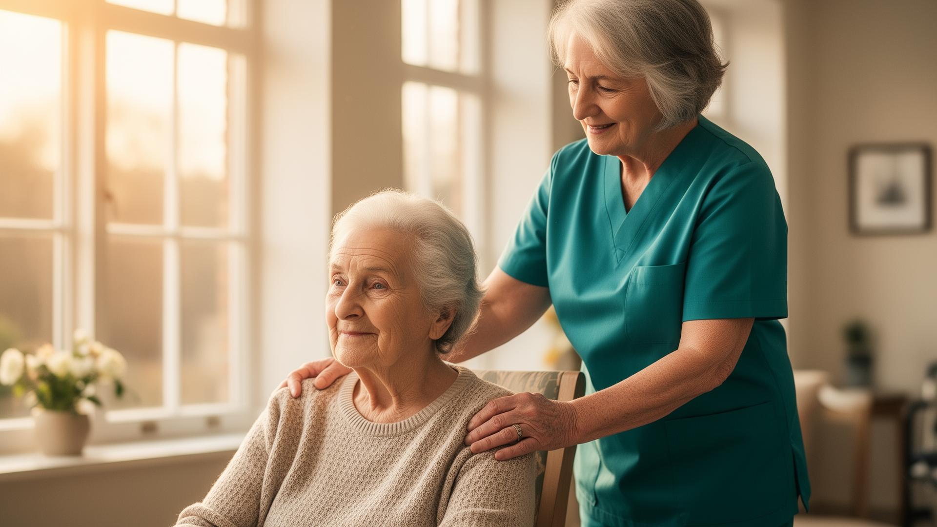 A care worker supporting an older woman in a sunlit care home lounge